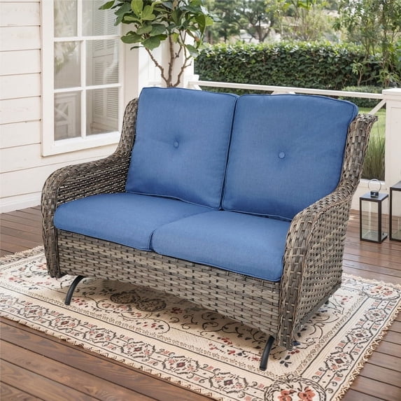POCASSY 52" Width Outdoor Loveseat, Rocking Glider All Weather Wicker Patio Loveseat with Deep Seat for Porch Balcony and Backyard, Blue