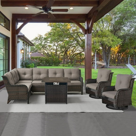 POCASSY 5PCS Outdoor Furniture Set with 30" Propane Fire Pit Table, Outdoor Conversation Set with All Weather Brown Wicker Sectional Sofa and Swivel Chair for Balcony, Porch, Garden - Brown/Gray