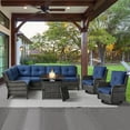 thumbnail image 1 of POCASSY 5PCS Outdoor Furniture Set with 30" Propane Fire Pit Table, Outdoor Conversation Set with All Weather Gray Wicker Sectional Sofa and Swivel Chair for Balcony, Porch, Garden - Gray/Blue, 1 of 9