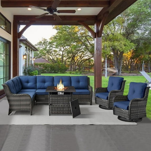 POCASSY 5PCS Outdoor Furniture Set with 30" Propane Fire Pit Table, Outdoor Conversation Set with All Weather Gray Wicker Sectional Sofa and Swivel Chair for Balcony, Porch, Garden - Gray/Blue