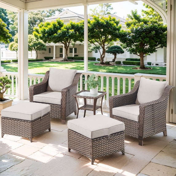 POCASSY 5PCS Outdoor Furniture Set with Cushioned Outdoor Wicker Accent Chair, Ottoman and Side Table, All Weather Brown Wicker Outdoor Conversation Set for Balcony, Porch, Garden - Brown/Beige
