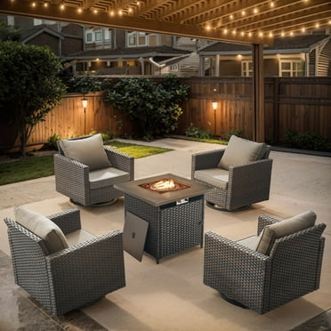 POCASSY 5PCS Outdoor Furniture Set with Fire Pit Table - Outdoor Conversation Set with All Weather Brown Wicker Outdoor Swivel Chairs and 30" Propane Firepit Table for Balcony, Porch, Garden - Gray