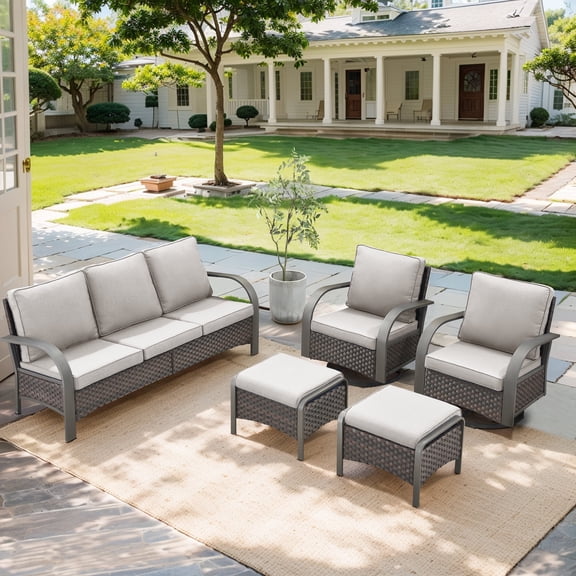 POCASSY 5PCS Outdoor Patio Furniture Set All-Weather Wicker Couch with Patio Swivel Rocking Outdoor Chairs and Multi-Functional Ottomans, Patio Conversation Set for Backyard Garden Balcony, Beige