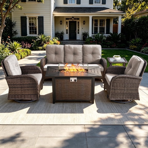 POCASSY 5PCS Outdoor Patio Furniture Set, Patio Furniture Set with Fire Pit Table Wicker Patio Couch Outdoor Swivel Chair and 43" Propane Firepit Table Rectangular, Brown Wicker & Beige Cushion