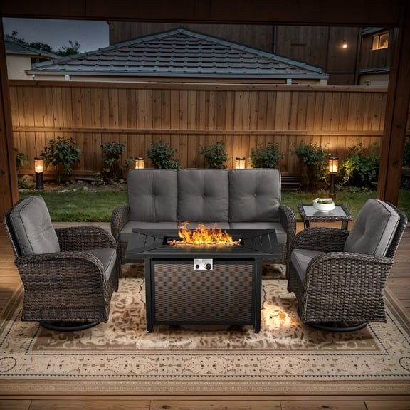 POCASSY 5PCS Outdoor Patio Furniture Set, Patio Furniture Set with Fire Pit Table Wicker Patio Couch Outdoor Swivel Chair and 43" Propane Firepit Table Rectangular, Brown Wicker & Gray Cushion