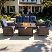 POCASSY 5PCS Outdoor Patio Furniture Set, Patio Furniture Set with Fire Pit Table Wicker Patio Couch Outdoor Swivel Chair and 43" Propane Firepit Table Rectangular, Brown Wicker & Blue Cushion