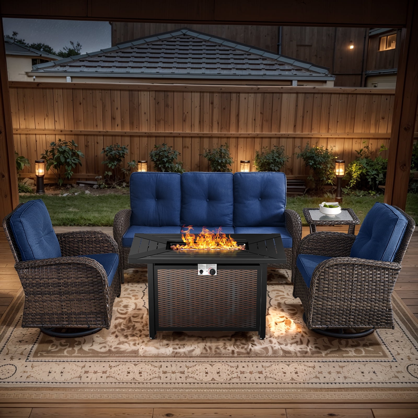 Walmart Black Friday Deals 2025 POCASSY 5PCS Outdoor Patio Furniture Set, Patio Furniture Set with Fire Pit Table Wicker Patio Couch Outdoor Swivel Chair and 43" Propane Firepit Table Rectangular, Brown Wicker & Blue Cushion