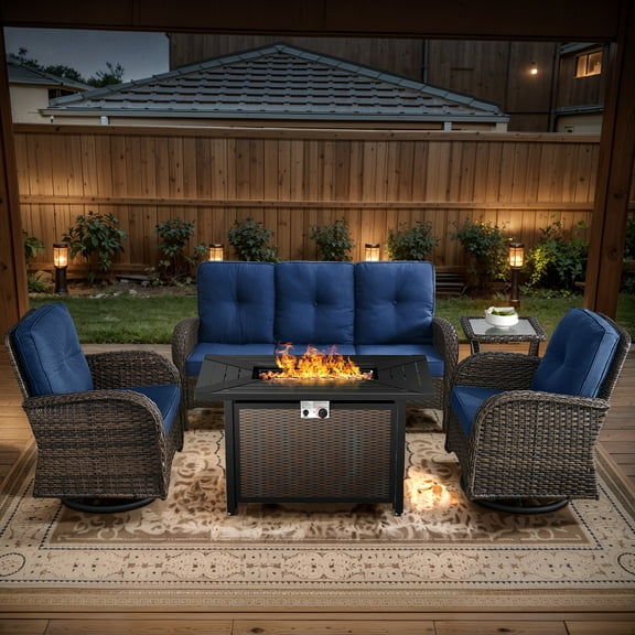 POCASSY 5PCS Outdoor Patio Furniture Set, Patio Furniture Set with Fire Pit Table Wicker Patio Couch Outdoor Swivel Chair and 43" Propane Firepit Table Rectangular, Brown Wicker & Blue Cushion