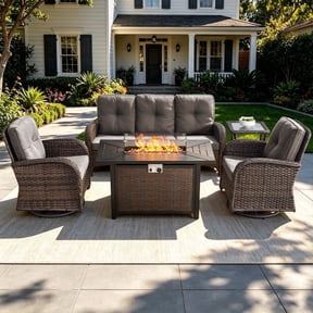 POCASSY 5PCS Outdoor Patio Furniture Set, Patio Furniture Set with Fire Pit Table Wicker Patio Couch Outdoor Swivel Chair and 43" Propane Firepit Table Rectangular, Brown Wicker & Gray Cushion