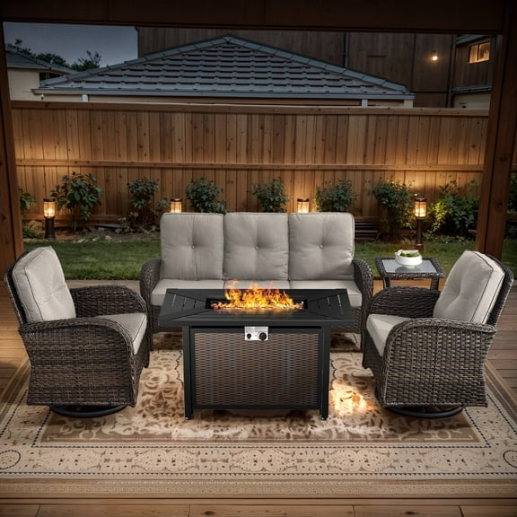 POCASSY 5PCS Outdoor Patio Furniture Set, Patio Furniture Set with Fire Pit Table Wicker Patio Couch Outdoor Swivel Chair and 43" Propane Firepit Table Rectangular, Brown Wicker & Beige Cushion