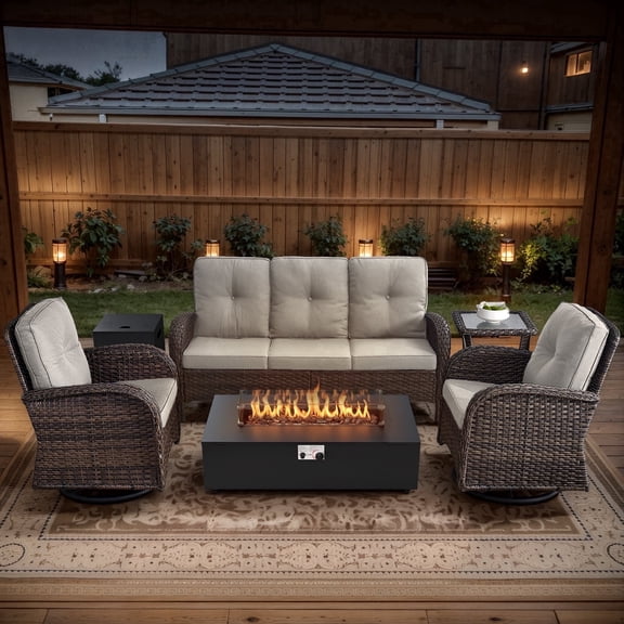POCASSY 5PCS Outdoor Patio Furniture Set with Fire Pit Table, Brown Wicker Patio Furniture Couch Outdoor Swivel Chair and 43" Propane Firepit Table