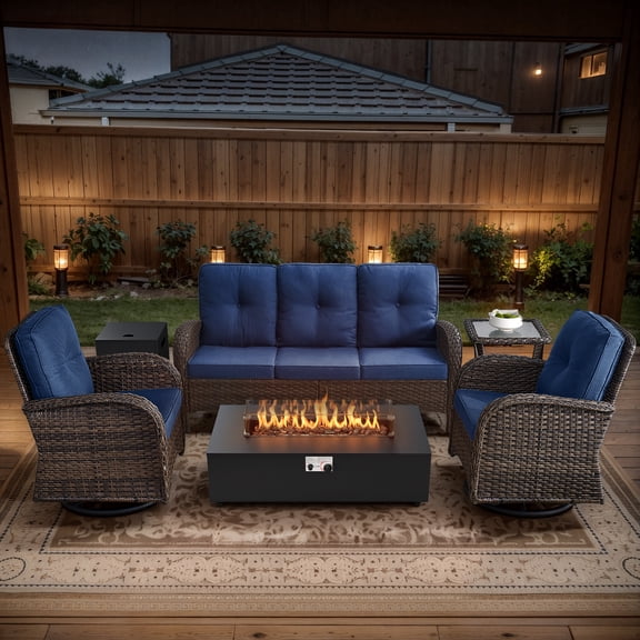 POCASSY 5PCS Outdoor Patio Furniture Set with Fire Pit Table, Brown Wicker Patio Furniture Couch Outdoor Swivel Chair and 43" Propane Firepit Table