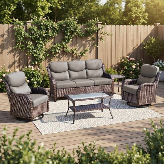 POCASSY 5PCS Outdoor Sectional Patio Furniture Set with Swivel Chairs, All Weather Wicker L Shape Outdoor Sectional Sofa Outdoor Conversation Set
