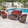 thumbnail image 1 of POCASSY 5PCS Patio Furniture Set with 6" Thick Cushion, Brown Wicker Outdoor Conversation Set with Swivel Chairs and Tempered Glass Top Coffee Table for Porch Deck Garden, Red Cushion, 1 of 12