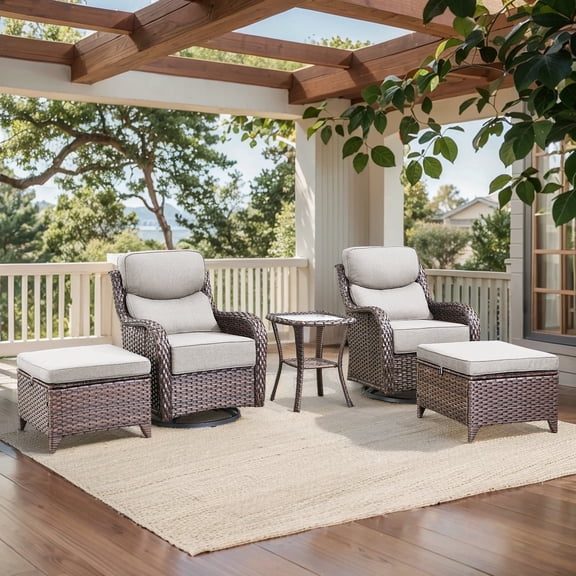 Pocassy 5PCS Patio Furniture Sets with 6-Inch Thick Cushion Patio Swivel Chairs, All Weather Wicker High Back Balcony Furniture Small Patio Furniture Set for Porch, Backyard, Garden, Brown/Beige