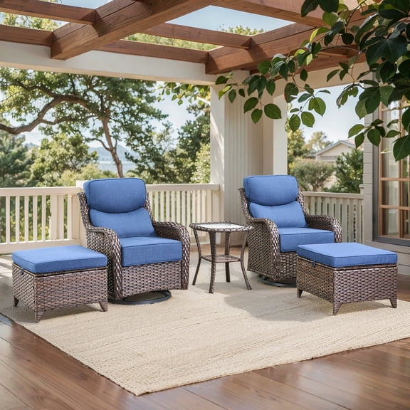 POCASSY 5PCS Patio Furniture Set with Cushioned Outdoor Swivel Rocking Chair, Ottoman and Side Table, All Weather Wicker Outdoor Conversation Set for Pool, Backyard, Garden, Brown/Blue