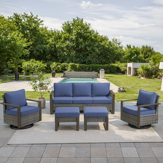POCASSY 5PCS Patio Furniture Set with Sofa, Swivel Chair and Ottoman, All Weather Wicker Conversation Set Outdoor Seating Group for Pool, Backyard, Garden, Gray Wicker Blue Cushion