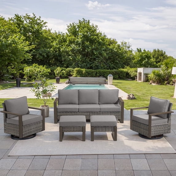 POCASSY 5PCS Patio Furniture Set with Sofa, Swivel Chair and Ottoman, All Weather Wicker Conversation Set Outdoor Seating Group for Pool, Backyard, Garden, Gray Wicker Gray Cushion