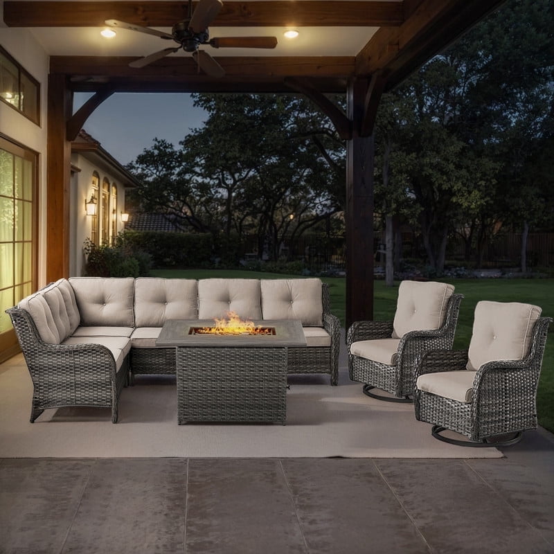 POCASSY 5PCS Patio Furniture Set with Firepit Table, Gray Wicker ...