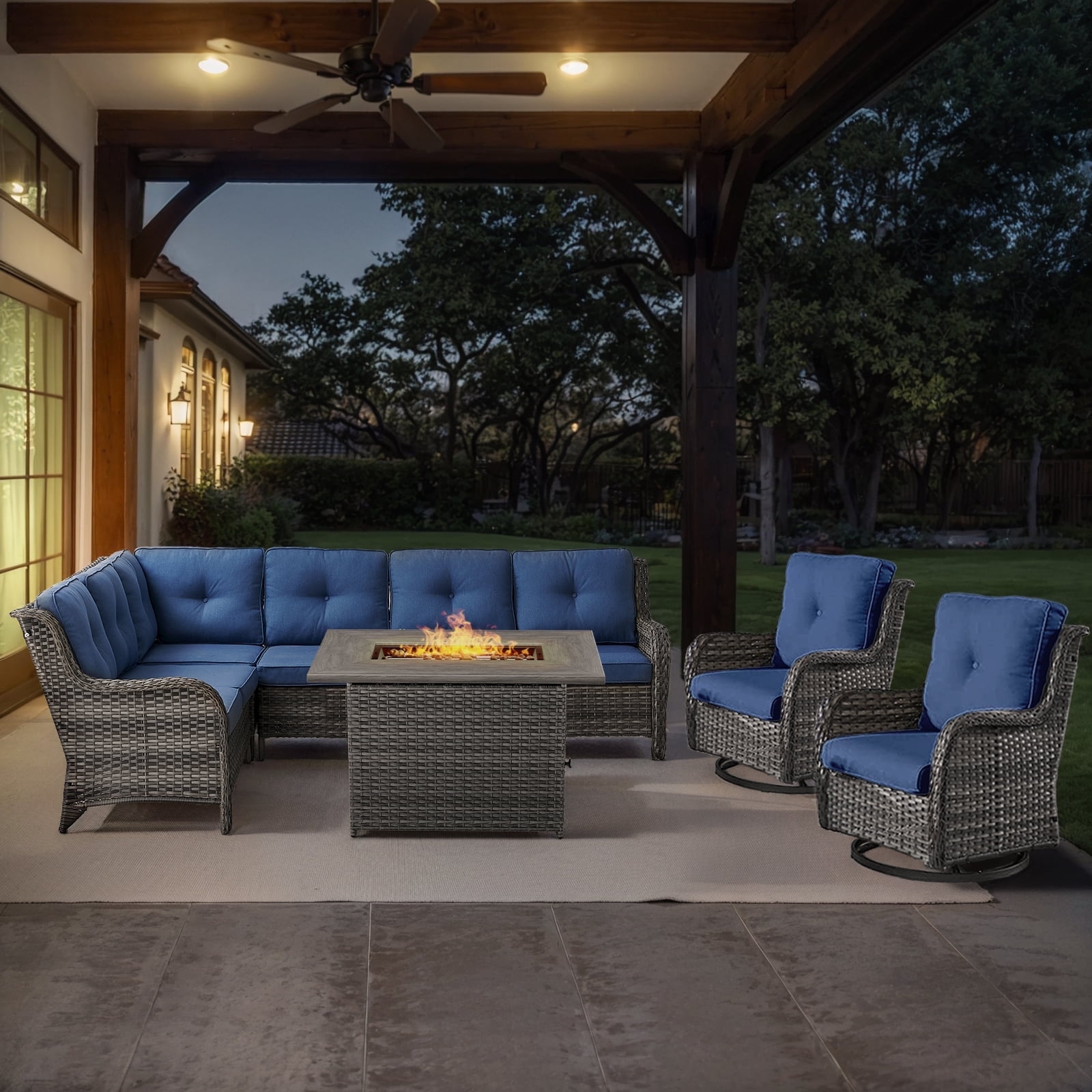 POCASSY 5PCS Patio Furniture Set with Firepit Table, Gray Wicker Furniture Set for Outside with Patio Couch Swivel Chairs - Blue