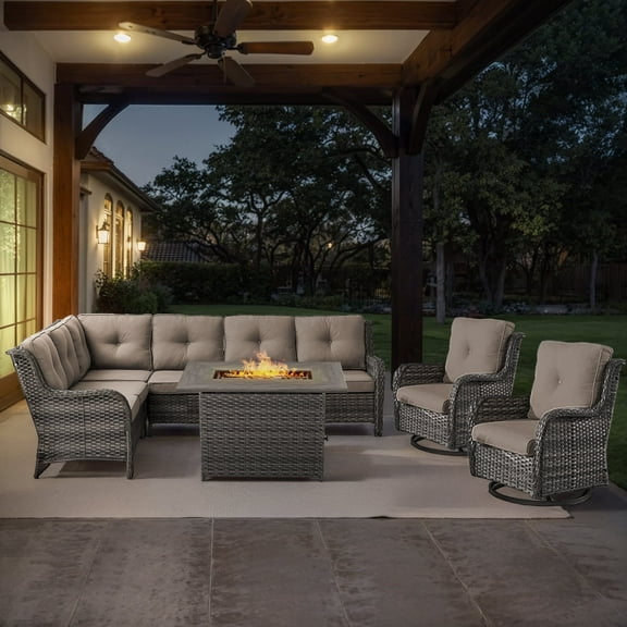 POCASSY 5PCS Patio Furniture Set with Firepit Table, Gray Wicker Furniture Set for Outside with Patio Couch Swivel Chairs - Gray