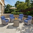 thumbnail image 1 of POCASSY 6-INCH Extra Thick Cushion Outdoor Patio Furniture Set with Swivel Glider Patio Chair Set of 4, 5 Pieces All Weather Wicker Patio Furniture Set with 30" Firepit Table for Porch, Gray/Blue, 1 of 11