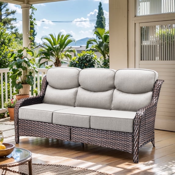 POCASSY 6 Inch Thick Cushion High Back Outdoor Wicker Patio Sofa, All Weather Brown Wicker Furniture 3-Seater Sofa Patio Couch for Porch in Beige
