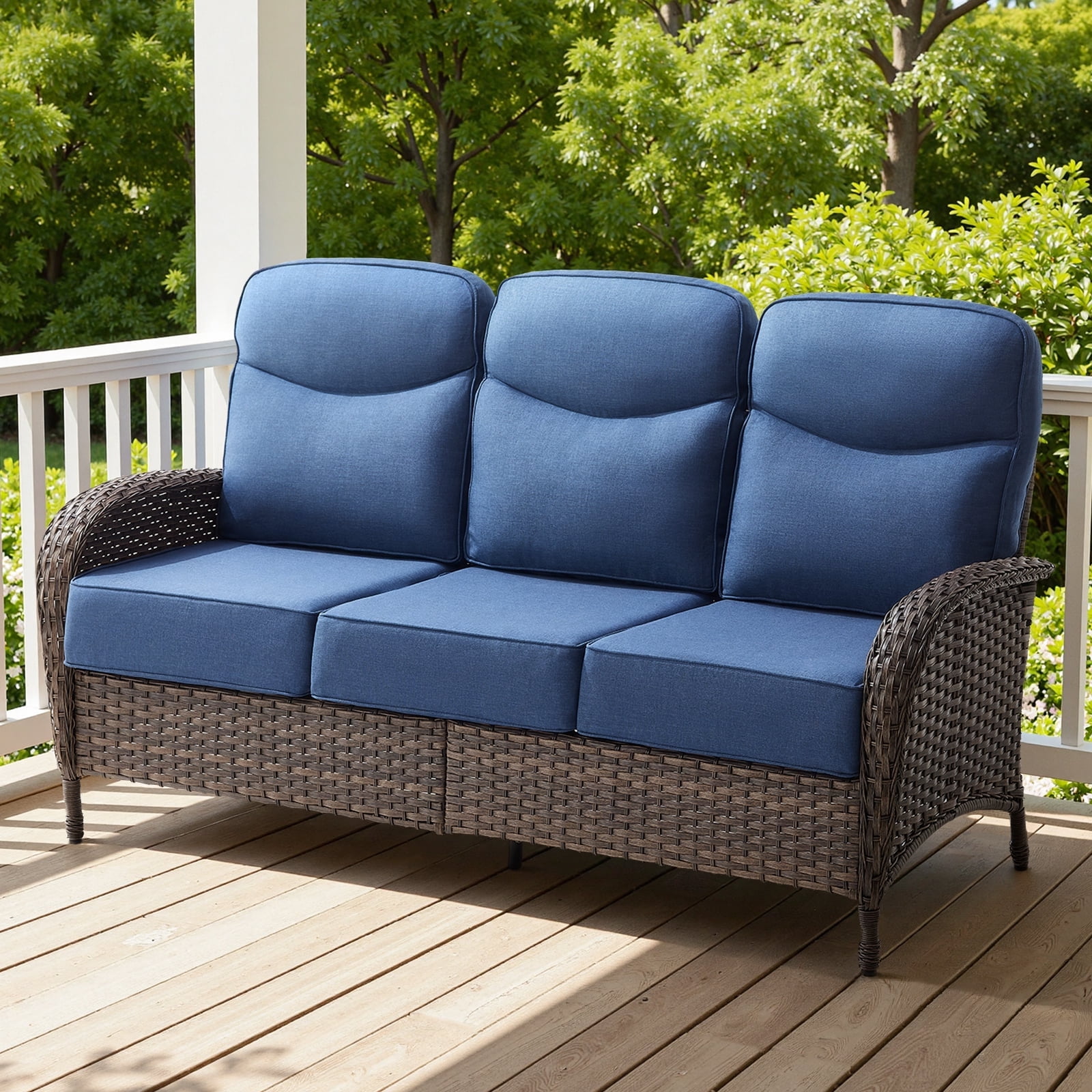 POCASSY 6-Inch Thick Cushion High Back Outdoor Wicker Patio Sofa, All Weather Brown Wicker Furniture 3-Seater Sofa Patio Couch for Porch Balcony Deck, Blue Cushion