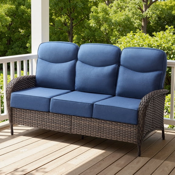 POCASSY 6-Inch Thick Cushion High Back Outdoor Wicker Patio Sofa, All Weather Brown Wicker Furniture 3-Seater Sofa Patio Couch for Porch Balcony Deck, Blue Cushion