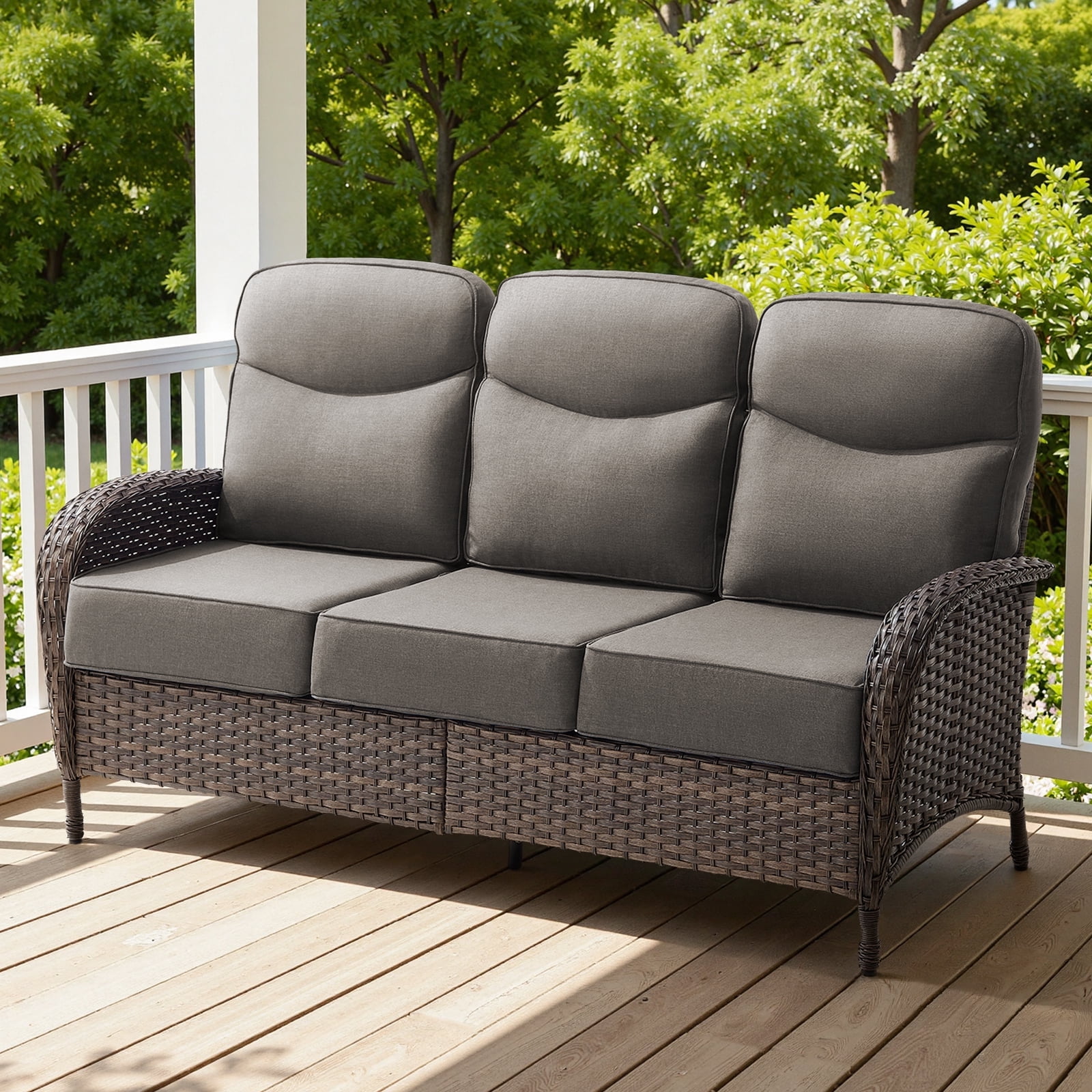 POCASSY 6-Inch Thick Cushion High Back Outdoor Wicker Patio Sofa, All Weather Brown Wicker Furniture 3-Seater Sofa Patio Couch for Porch Balcony Deck, Gray Cushion