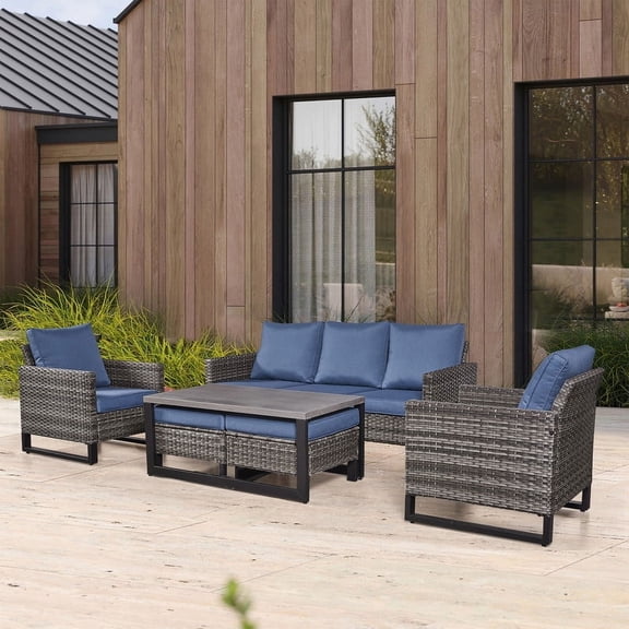 POCASSY 6 Piece Outdoor Conversation Furniture Set Wicker Sofa Seating Group with Coffee Table, Ottoman and Cushions for Backyord, Garden, Pool