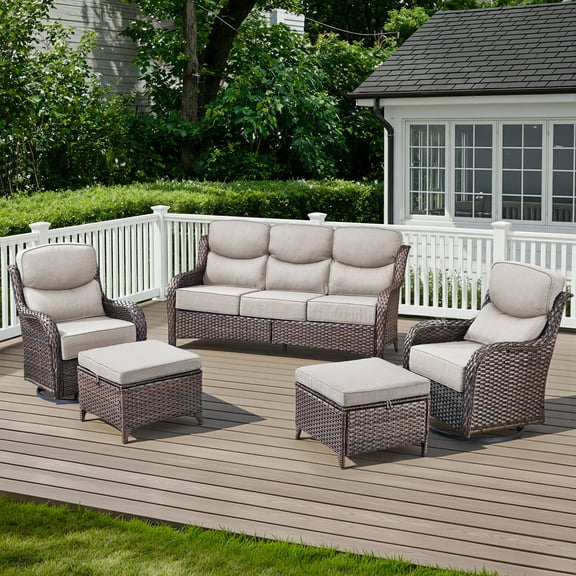 POCASSY 6-Piece Outdoor Patio Furniture Set, Brown Wicker Conversation Set with Sofa, 2 Swivel Rocking Chairs, 2 Ottomans and 6-Inch Extra Thick Beige Cushions