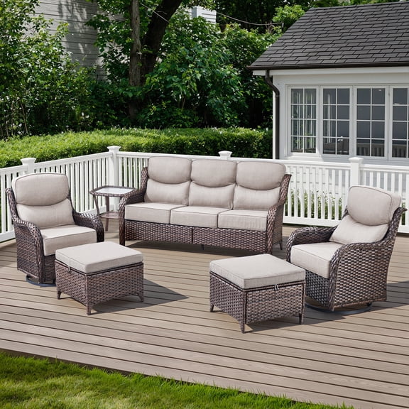 POCASSY 6-Piece Outdoor Patio Furniture Set, Brown Wicker Conversation Set with Sofa, 2 Swivel Rocking Chairs, 2 Ottomans and 6-Inch Extra Thick Beige Cushions