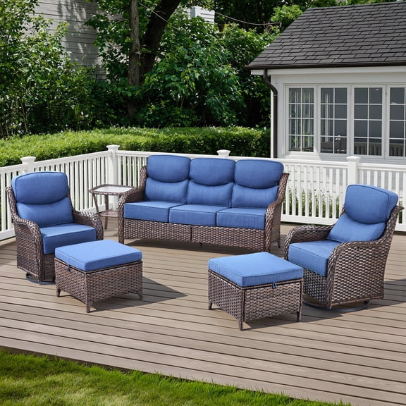 POCASSY 6-Piece Outdoor Patio Furniture Set, Brown Wicker Conversation Set with Sofa, 2 Swivel Rocking Chairs, 2 Ottomans and 6-Inch Extra Thick Blue Cushions