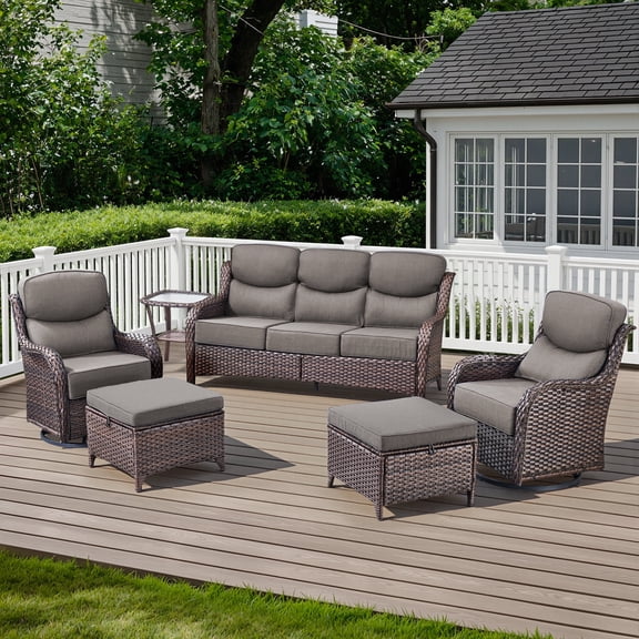 POCASSY 6-Piece Outdoor Patio Furniture Set, Brown Wicker Conversation Set with Sofa, 2 Swivel Rocking Chairs, 2 Ottomans and 6-Inch Extra Thick Gray Cushions