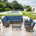 thumbnail image 1 of POCASSY 6 Piece Patio Sectional Set with Rocking Chairs, L-Shaped Sofa with Deep Seat and High Back Cushions, Pool Furniture All-Weather Brown Wicker and Blue Cushions – Perfect for Porch or Deck, 1 of 18