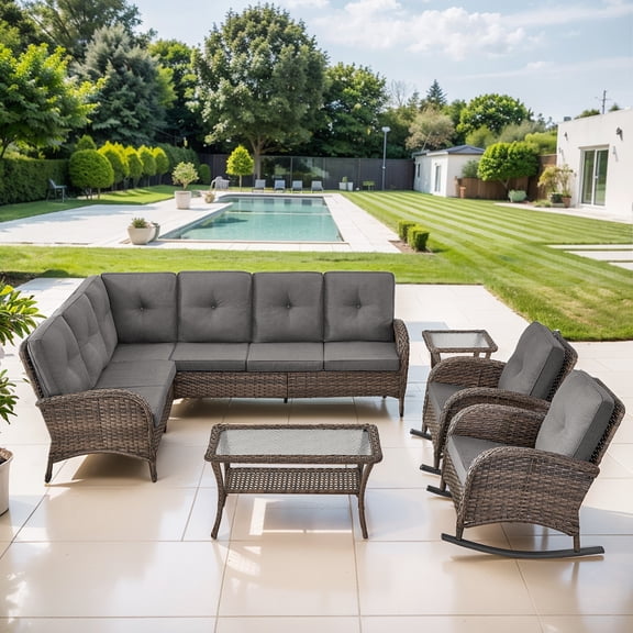 POCASSY 6 Piece Patio Sectional Set with Rocking Chairs, L-Shaped Sofa with Deep Seat and High Back Cushions, Pool Furniture All-Weather Brown Wicker and Gray Cushions – Perfect for Porch or Deck