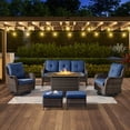 thumbnail image 1 of POCASSY 6 Pieces Outdoor Patio Furniture Sets with Fire Pit Table, PE Wicker Outdoor Conversation Set with Patio Couch, Swivel Glider Chairs, Ottomans, and 41" Firepit Table for Deck Balcony, 1 of 22