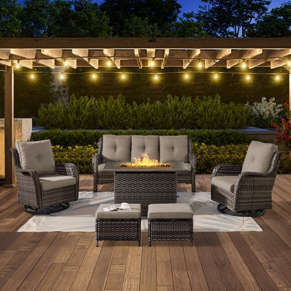 POCASSY 6 Pieces Outdoor Patio Furniture Sets with Fire Pit Table, PE Wicker Outdoor Conversation Set with Patio Couch, Swivel Glider Chairs, Ottomans, and 41" Firepit Table for Deck Balcony