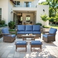 thumbnail image 1 of POCASSY 6 Pieces Patio Furniture Set, 5-inch Wide Armrest Swivel Rocking Patio Chairs and Outdoor Couch, Deep Seat Patio Set with Glass Top Coffee Table, Wicker Conversation Set for Outside in Blue, 1 of 14