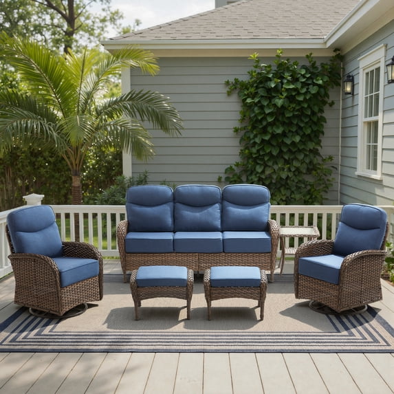 POCASSY 6 Pieces Patio Furniture Set with 6-inch Thick Cushion, Brown Wicker High Back Outdoor Couch and Swivel Glider Patio Chairs, Sectional Patio Set Ideal for Front Porch Backyard, Blue Cushion