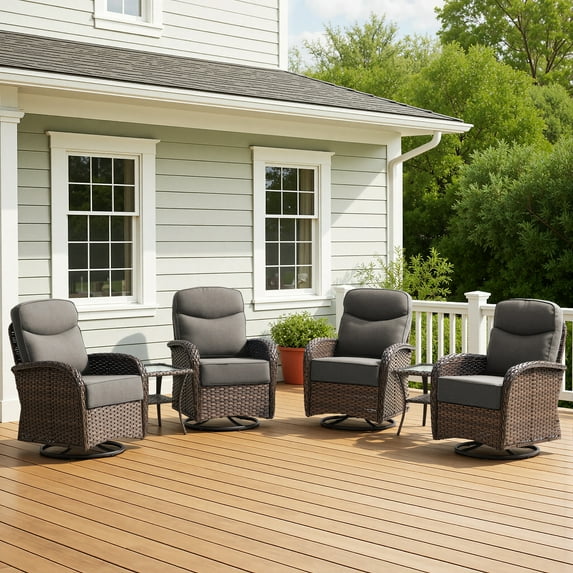 POCASSY 6 Pieces Patio Furniture Set with Swivel Glider Patio Chairs Set of 4, Brown Wicker High Back Outdoor Swivel Rocker with 6-inch Thick Cushion and 2 End Tables for Porch Balcony, Gray Cushion