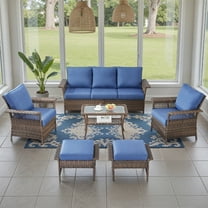 POCASSY 6 Pieces Patio Furniture Set, All Weather Brown Wicker Outdoor Conversation Set with Patio Chairs Set of 2, Furniture Sofa Set for Balcony Porch, Blue Cushion