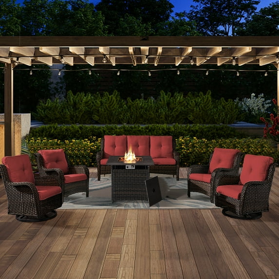 POCASSY 6 Pieces Wicker Patio Furniture Set with Propane Fire Pit Table, All Weather Wicker Patio Set with Square Fire Pit Table and Swivel Patio Chair, Brown Wicker Red Cushion