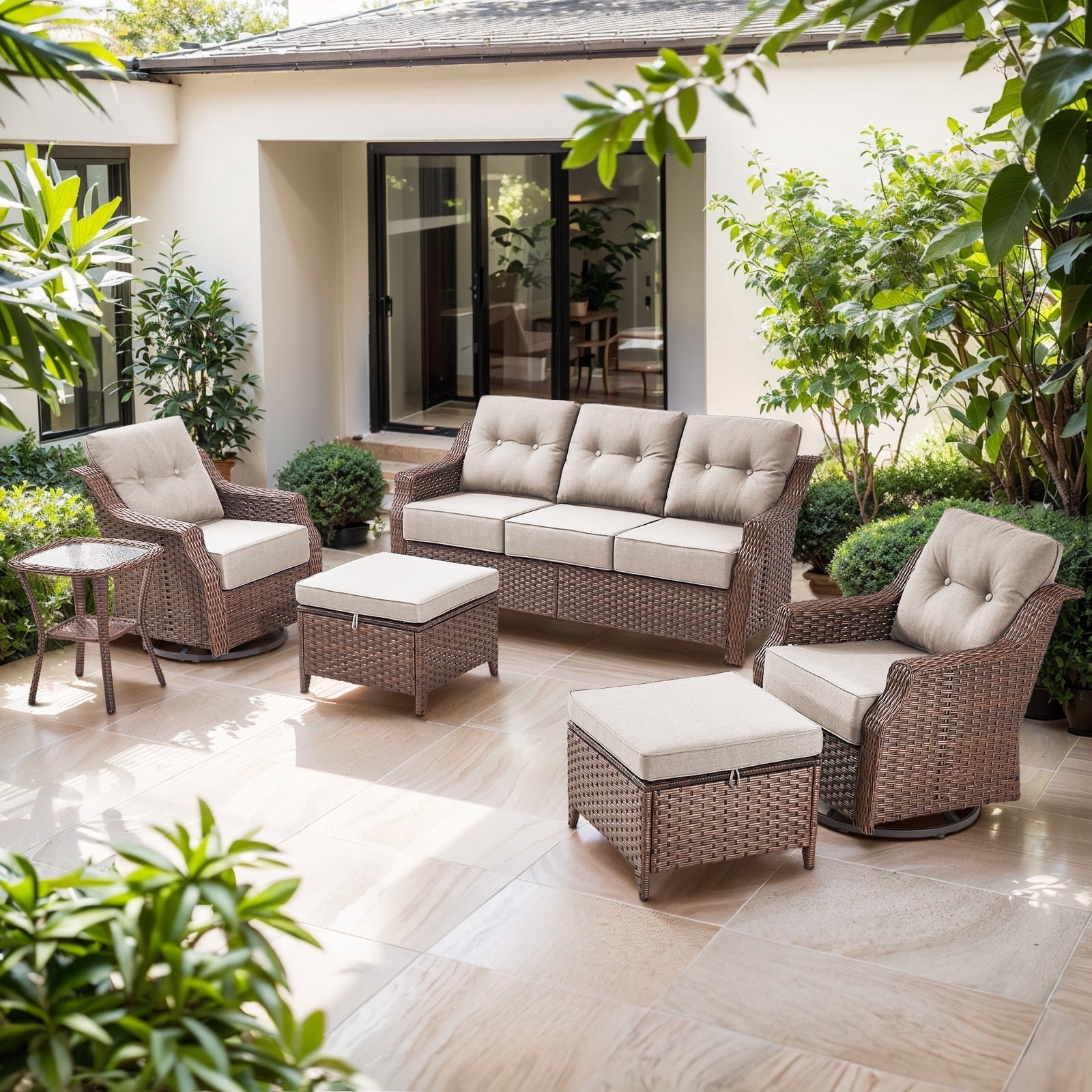 POCASSY 6PCS Outdoor Furniture Set with 6" Thick Cushion, Outdoor Sofa Couch Set with Swivel Chairs and Ottoman, Brown Wicker Patio Furniture Set for Porch Balcony in Beige Olefin Cushion