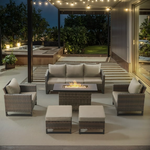POCASSY 6PCS Outdoor Furniture Set with Fire Pit Table - All Weather Patio Conversation Set with Brown Wicker Outdoor Club Chairs and 41" Propane Firepit Table for Balcony, Porch, Garden - Brown
