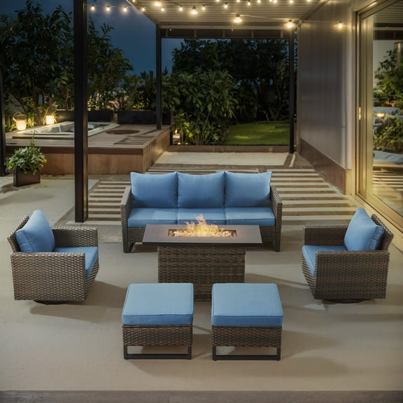 POCASSY 6PCS Outdoor Furniture Set with Fire Pit Table - All Weather Patio Conversation Set with Brown Wicker Outdoor Swivel Chairs and 41" Propane Firepit Table for Balcony, Porch, Garden - Blue