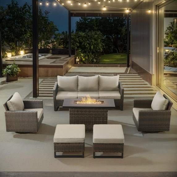 POCASSY 6PCS Outdoor Furniture Set with Fire Pit Table - All Weather Patio Conversation Set with Brown Wicker Outdoor Swivel Chairs and 41" Propane Firepit Table for Balcony, Porch, Garden - Beige