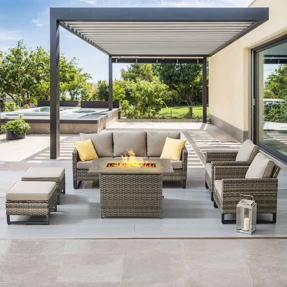 POCASSY 6PCS Outdoor Furniture Set with Fire Pit Table - All Weather Patio Conversation Set with Gray Wicker Outdoor Accent Club Chairs and 41" Propane Firepit Table for Balcony, Porch, Garden - Gray