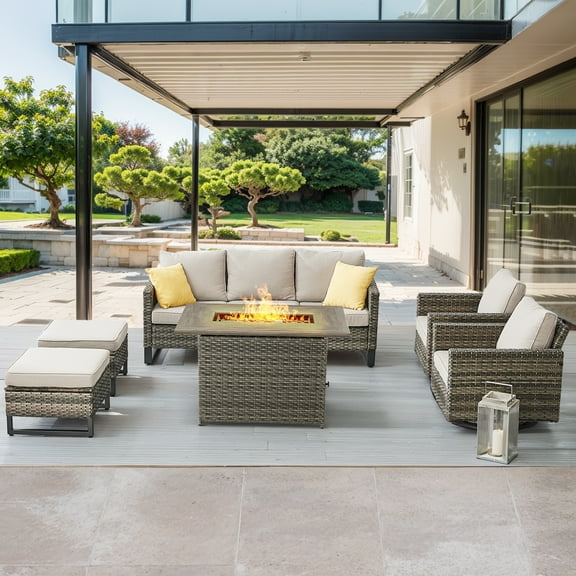 POCASSY 6PCS Outdoor Furniture Set with Fire Pit Table - All Weather Patio Conversation Set with Gray Wicker Outdoor Swivel Chairs and 41" Propane Firepit Table for Balcony, Porch, Garden - Beige